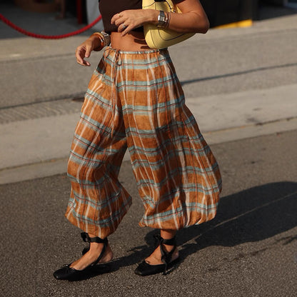 Women wide plaid harem pants with elastic waistband, drawstring & gathered ankle cuffs EVA-US