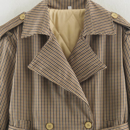 Women's short trench coat in checkered pattern with waist belt, shoulder straps and quilted inner lining EVA-US