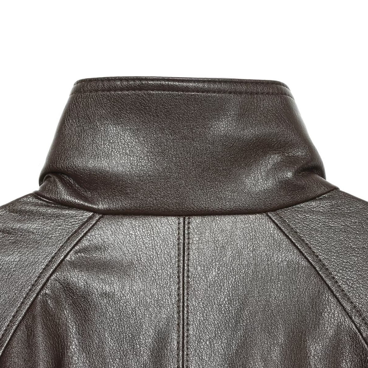 Women's short-cut leather look blouson jacket with high funnel collar, shoulder tabs and integrated patch pockets EVA-US