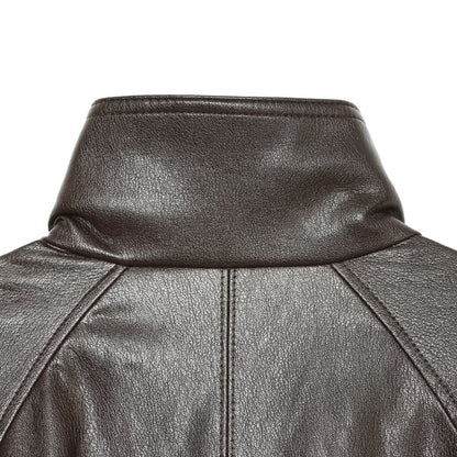 Women's short-cut leather look blouson jacket with high funnel collar, shoulder tabs and integrated patch pockets EVA-US