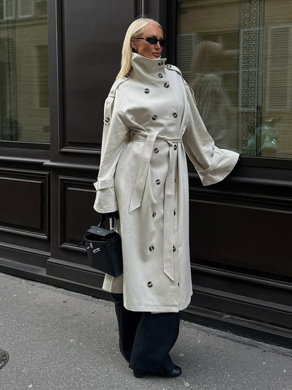 Women’s Long Trench Coat with High Standing Collar, Double-Breasted Button Placket and Wide Cuffs EVA-US