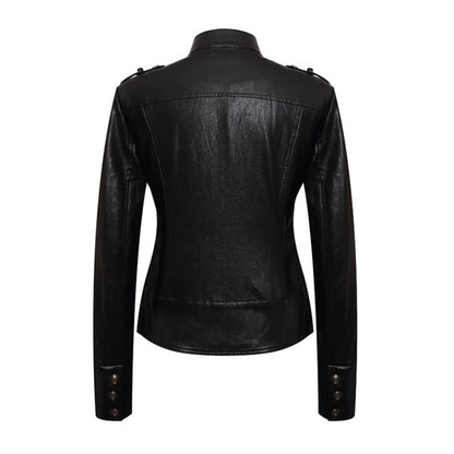 Women’s fitted leather jacket in military style with stand-up collar and decorative button placket EVA-US