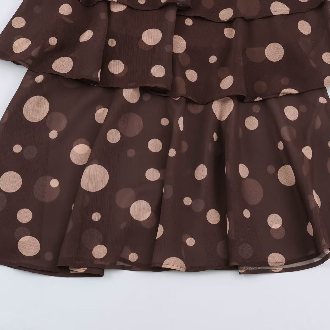Women's Tiered Chiffon Midi Dress with Ruffles, Transparent Balloon Sleeves and Polka Dot Print EVA-US