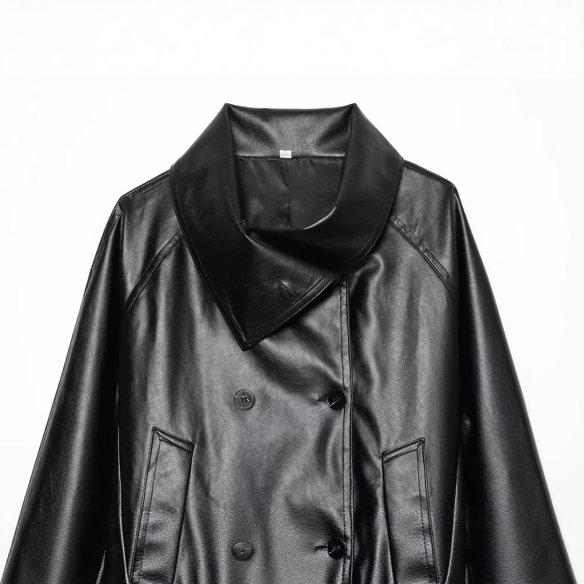 Women's Cropped Faux Leather Jacket with Wide Funnel Collar and Double-Breasted Button Placket EVA-US