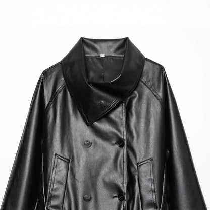 Women's Cropped Faux Leather Jacket with Wide Funnel Collar and Double-Breasted Button Placket EVA-US
