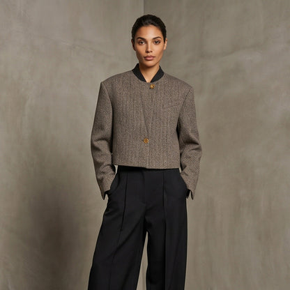 Ladies Short Cut Wool Blazer with Stand-up Collar and Herringbone Pattern EVA-US