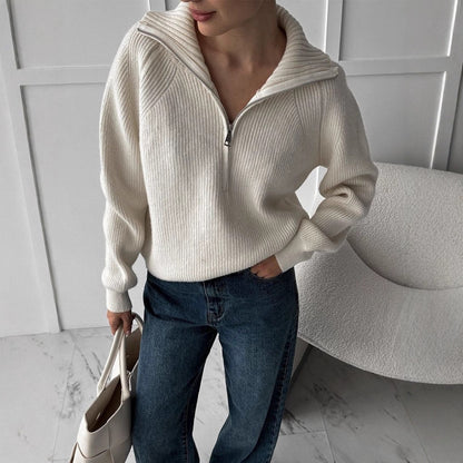 Women Ribbed Wool Blend Sweater with Half Zipper and Wide Stand Collar EVA-US