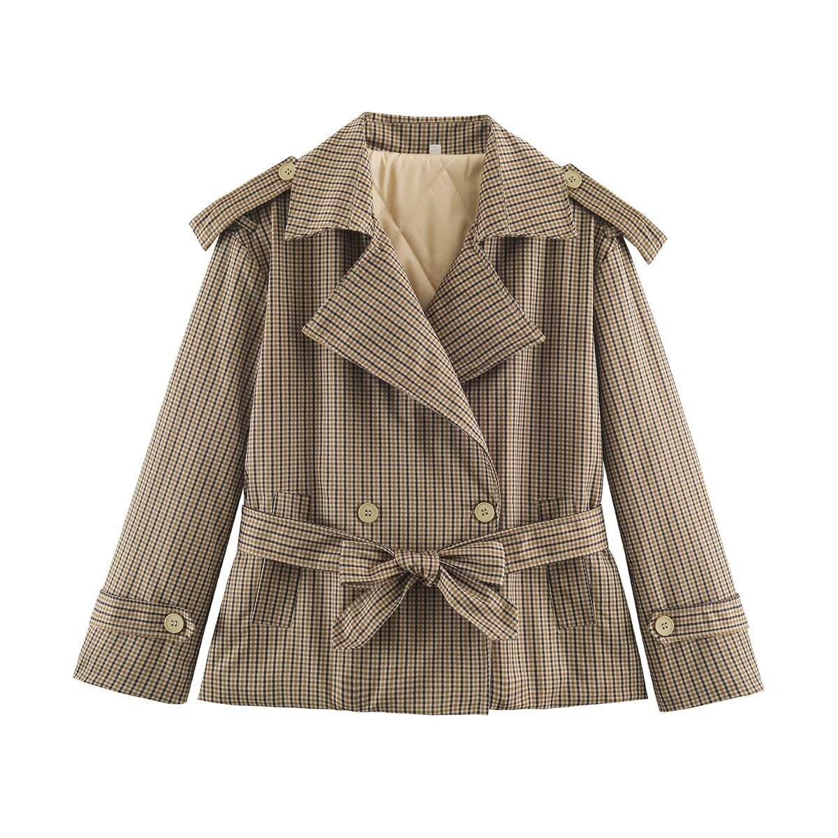 Women's short trench coat in checkered pattern with waist belt, shoulder straps and quilted inner lining EVA-US