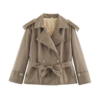 Women's short trench coat in checkered pattern with waist belt, shoulder straps and quilted inner lining EVA-US