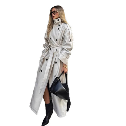 Women’s Long Trench Coat with High Standing Collar, Double-Breasted Button Placket and Wide Cuffs EVA-US