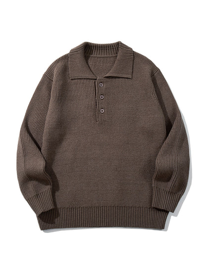 Men's Ribbed Polo Collar Sweater with Triple Button Placket and Relaxed Fit EVA-US