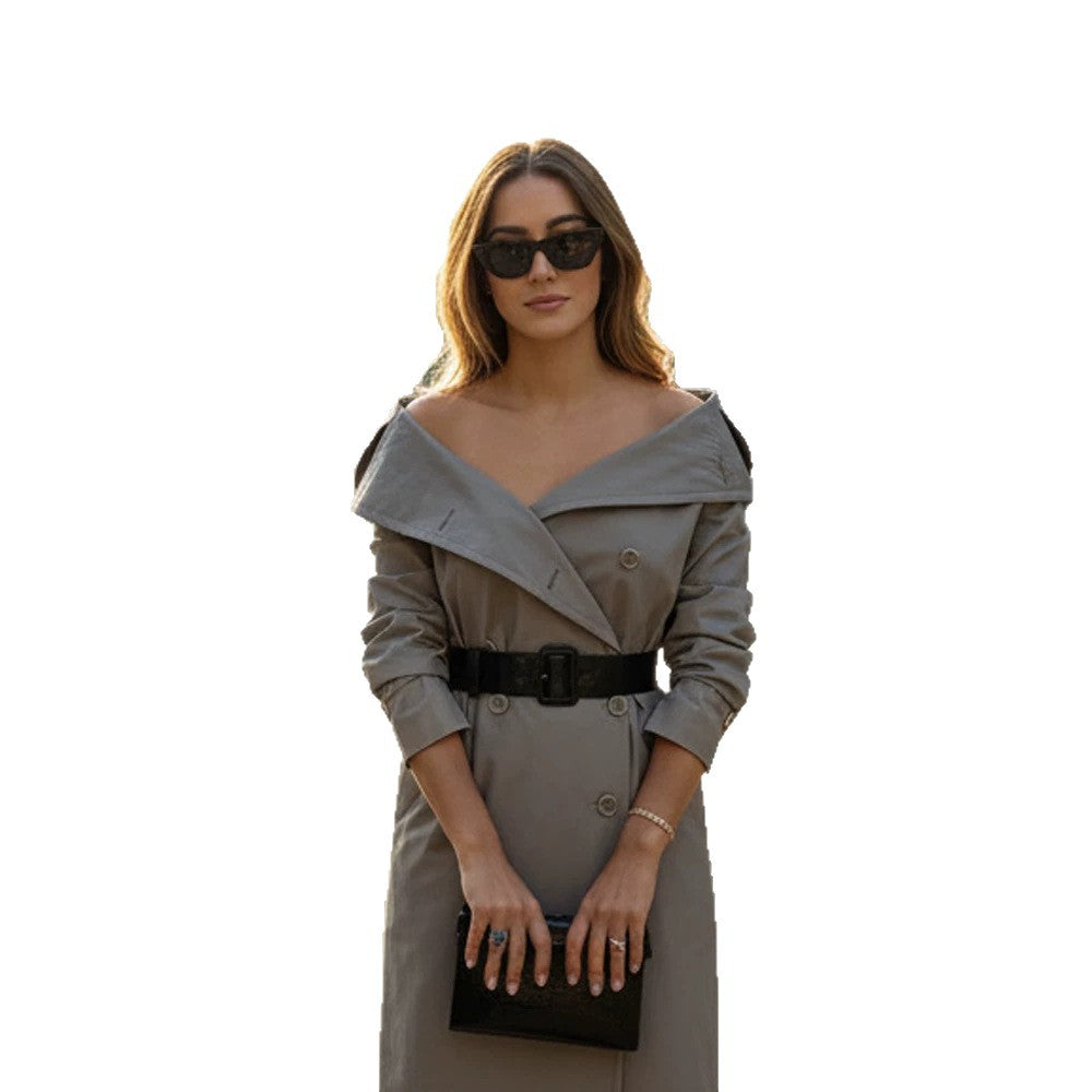 Women's Off-Shoulder Trench Dress with Double-Breasted Button Placket and Fitted Patent Belt EVA-US