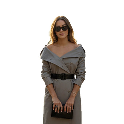 Women's Off-Shoulder Trench Dress with Double-Breasted Button Placket and Fitted Patent Belt EVA-US
