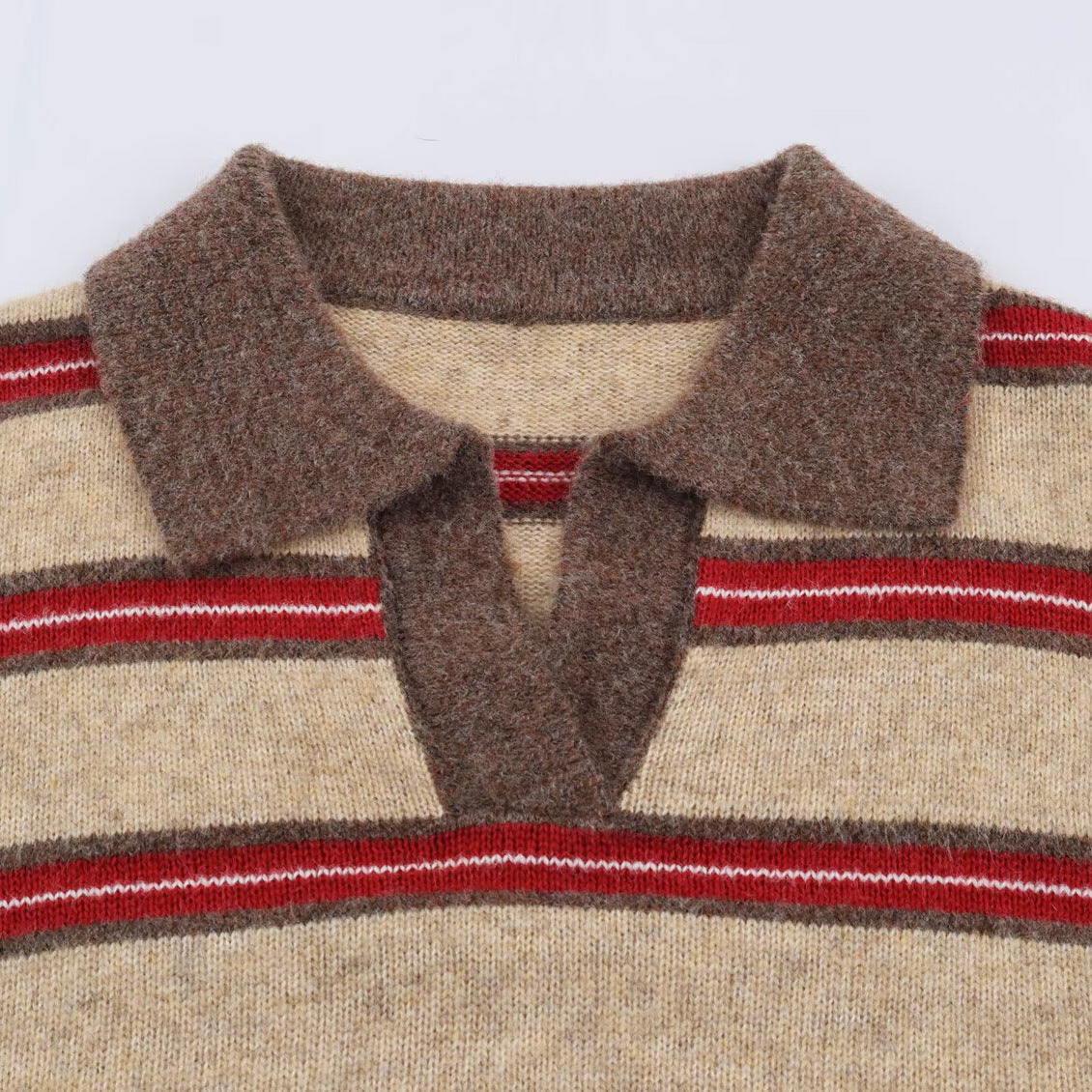 Women Striped Oversize Sweater with Polo Collar and V-Neck EVA-US