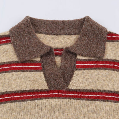 Women Striped Oversize Sweater with Polo Collar and V-Neck EVA-US