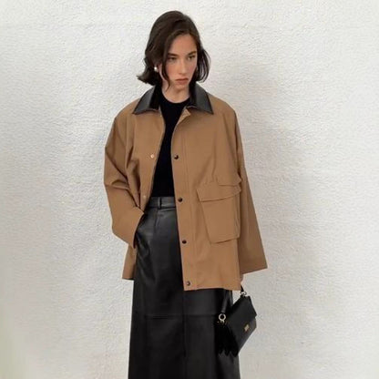 Women Oversize utilitarian jacket with large flap pockets and contrast collar EVA-US