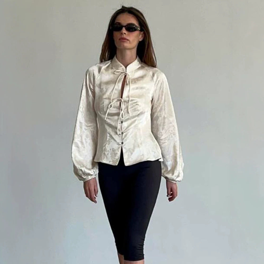 Women's Jacquard Satin Blouse with Stand Collar, Tie Ribbons and Tailored Peplum EVA-US