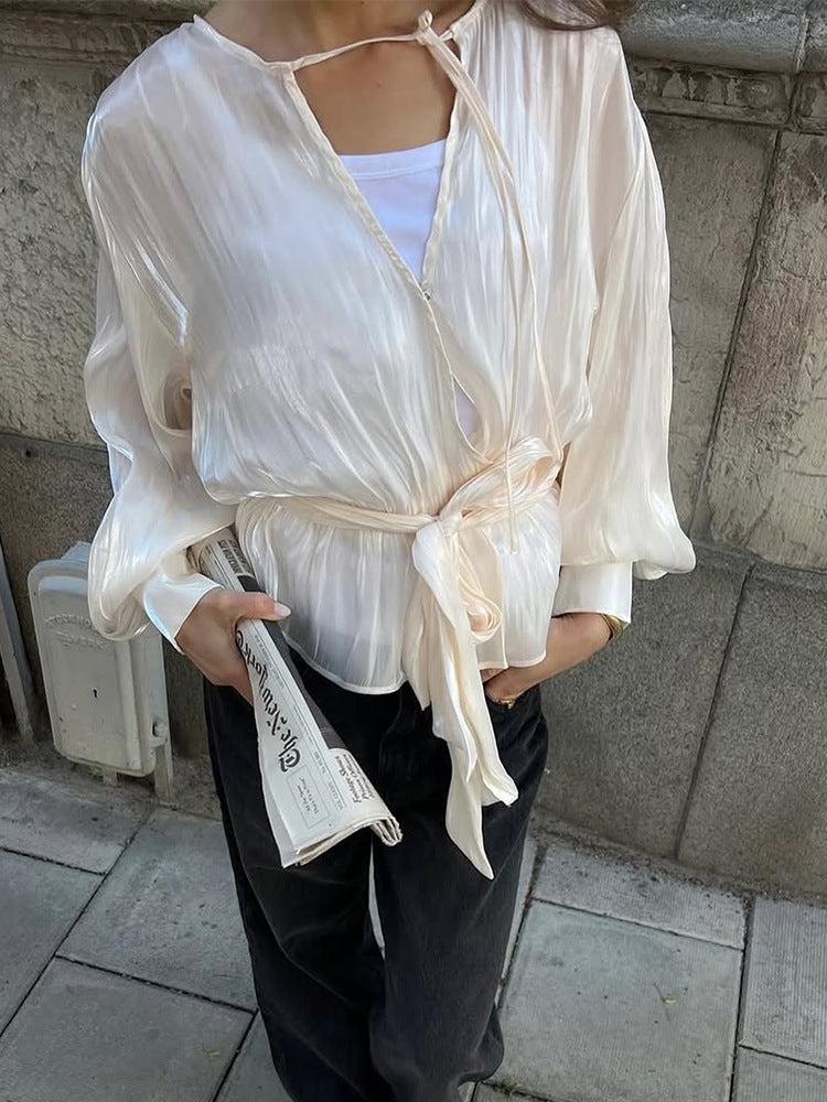 Women Elegant Wrap Blouse with Tie Belt and Voluminous Balloon Sleeves EVA-US