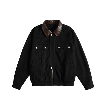 Women's short cut boxy bomber jacket with contrasting faux leather collar EVA-US
