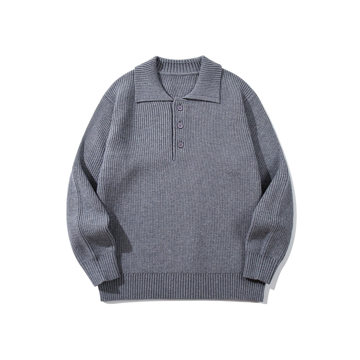 Men's Ribbed Polo Collar Sweater with Triple Button Placket and Relaxed Fit EVA-US
