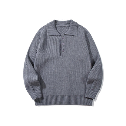 Men's Ribbed Polo Collar Sweater with Triple Button Placket and Relaxed Fit EVA-US