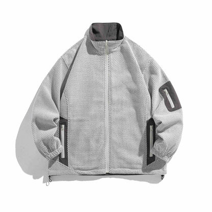 Unisex structure fleece jacket with high stand-up collar, zip pockets and drawstring hem EVA-US