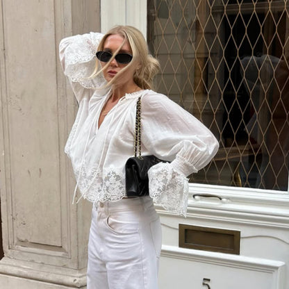 Women's Transparent Lace Blouse Top with Bell Sleeves and Crochet Trim EVA-US