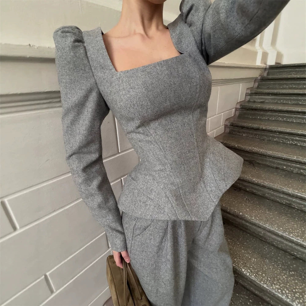 Women's Tailored Corset Blazer Top with Square Neckline, Peplum and Emphasized Shoulders EVA-US