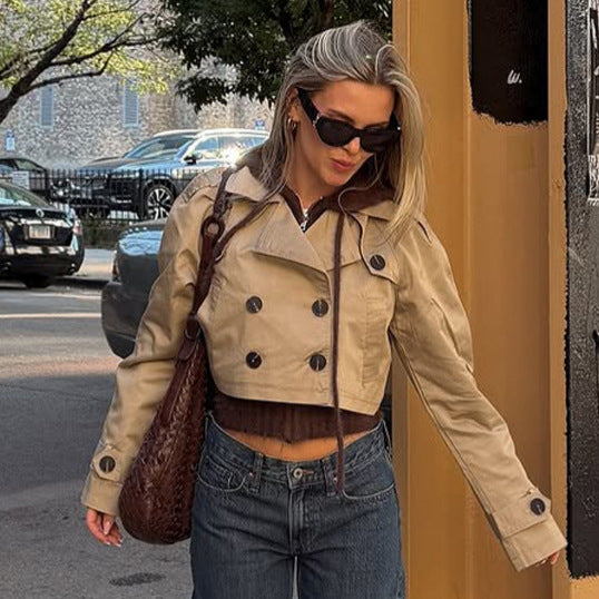 Women's Short-Cut Trench Blouson with Double-Breasted Button Placket and Shortened Silhouette EVA-US
