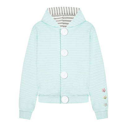 Women's hooded sweat jacket with oversized buttons, striped inner lining, and ribbed cuffs.
