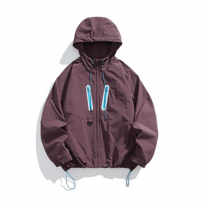 Unisex Technical Hooded Windbreaker in Boxy Cut with Vertical Chest Zippers and Drawstring Hem EVA-US