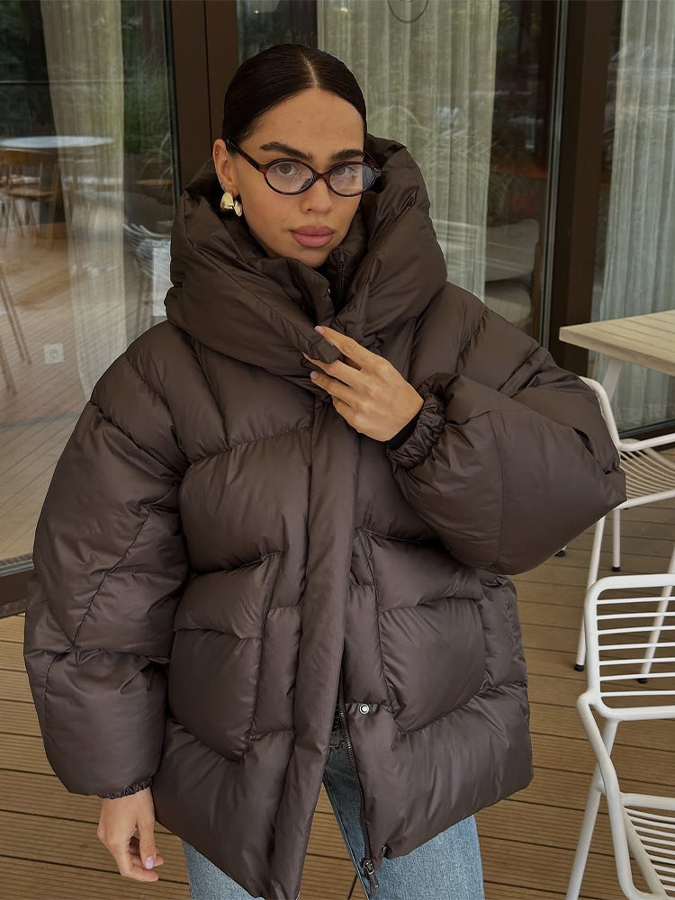 Women's Oversize Quilted Jacket with High Shawl Collar and Padded Filling EVA-US
