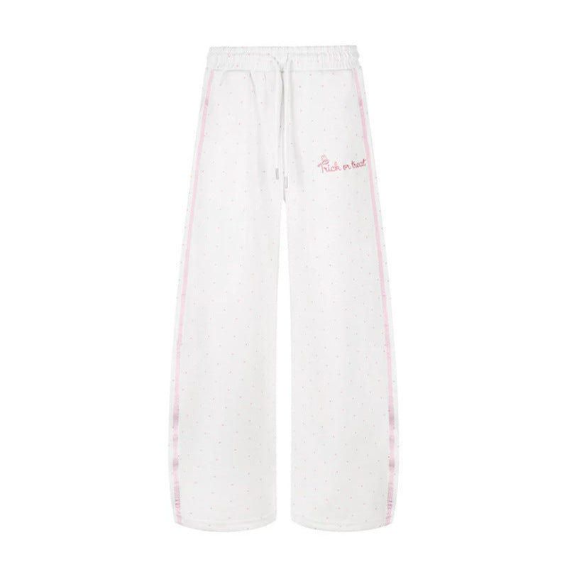 Women's Extra Wide Palazzo Sweatpants in Polka Dot Design with Elastic Comfort Waistband and Side Contrast Stripes EVA-US