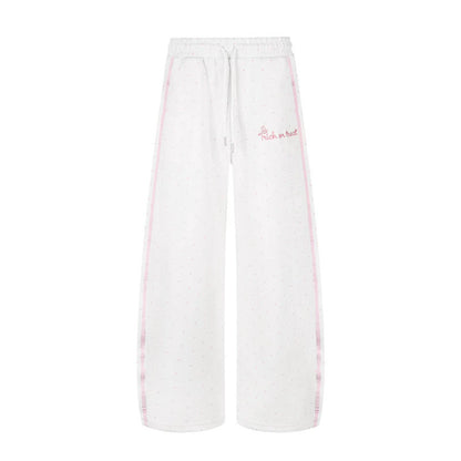 Women's Extra Wide Palazzo Sweatpants in Polka Dot Design with Elastic Comfort Waistband and Side Contrast Stripes EVA-US