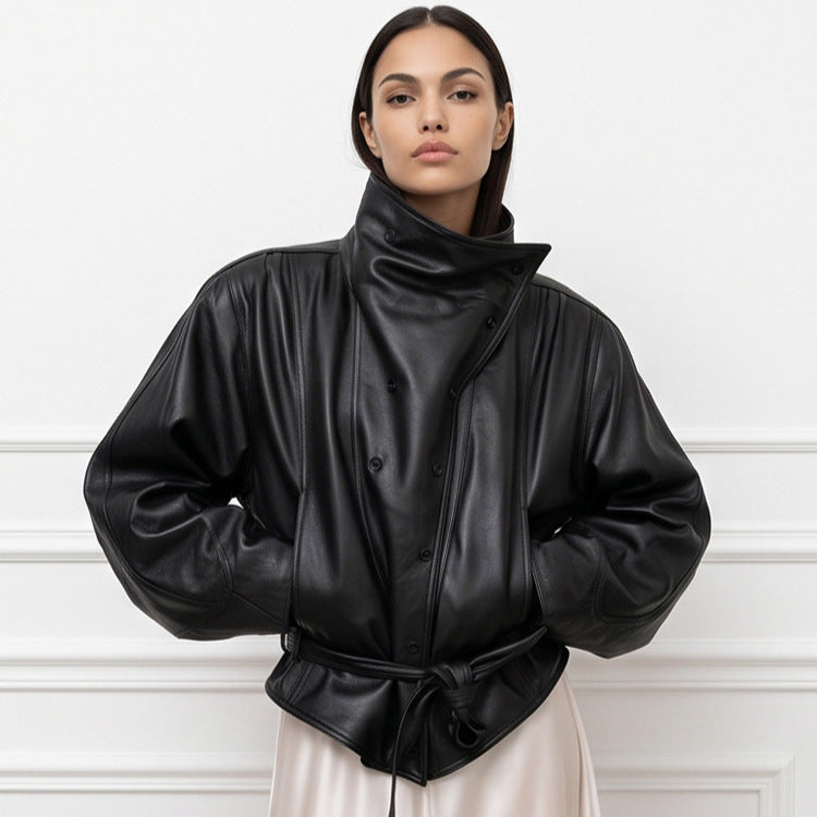 Women's Oversized Faux Leather Bomber Jacket with High Stand Collar and Waist Belt EVA-US