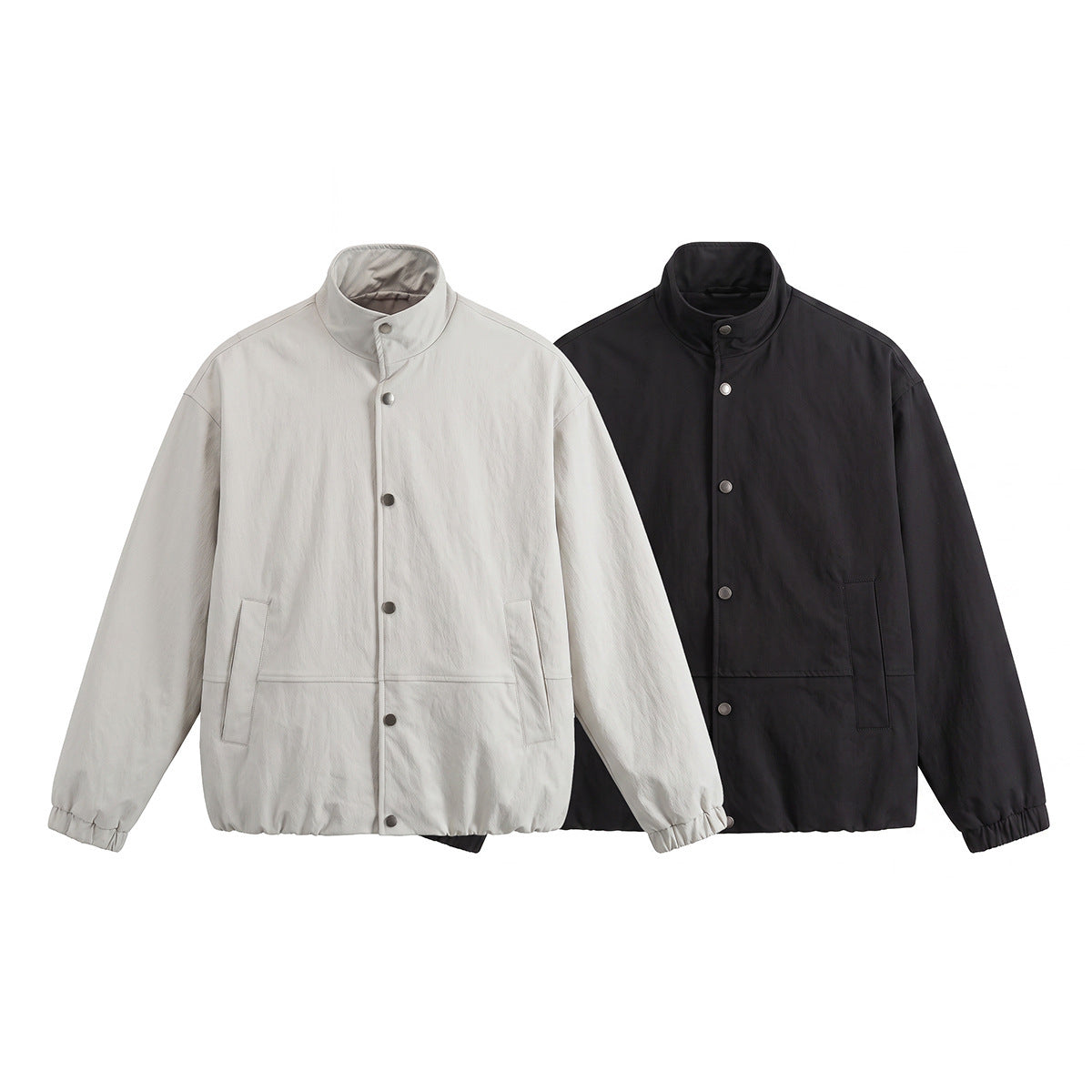 Men's short-cut minimalist boxy blouson with stand collar and press stud placket EVA-US