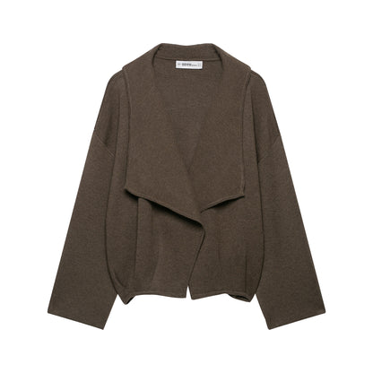Women's short cut open wool blend cardigan with large shawl collar and boxy cropped silhouette EVA-US