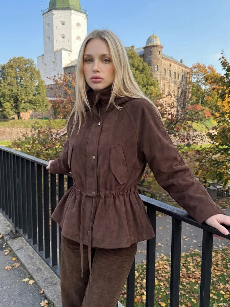 Women Short Jacket in Suede Look with Hood and Waist Drawstring EVA-US