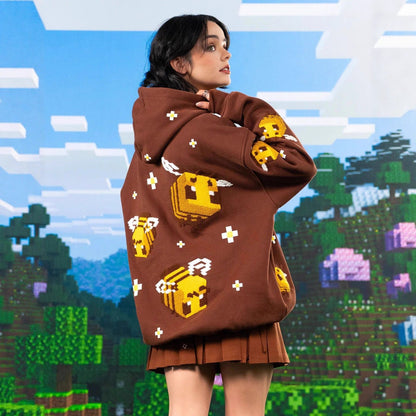Unisex knitted hoodie with integrated pixel bee design and applied kangaroo pocket EVA-US