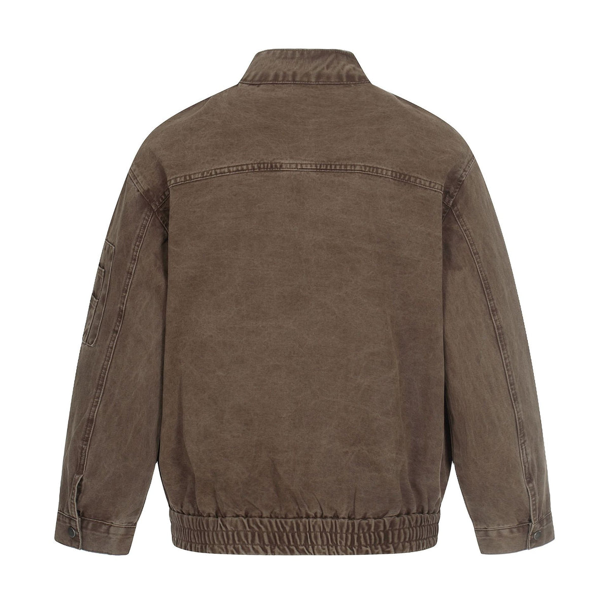 Men's short cut vintage-wash bomber jacket in boxy cut with stand-up collar and sleeve zip.
