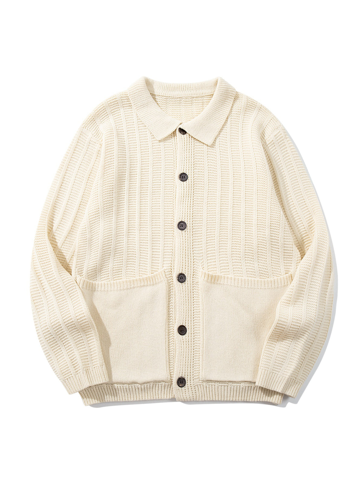 Unisex Structured Knit Cardigan with Shirt Collar and Patch Pockets EVA-US