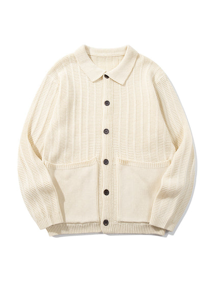 Unisex Structured Knit Cardigan with Shirt Collar and Patch Pockets EVA-US