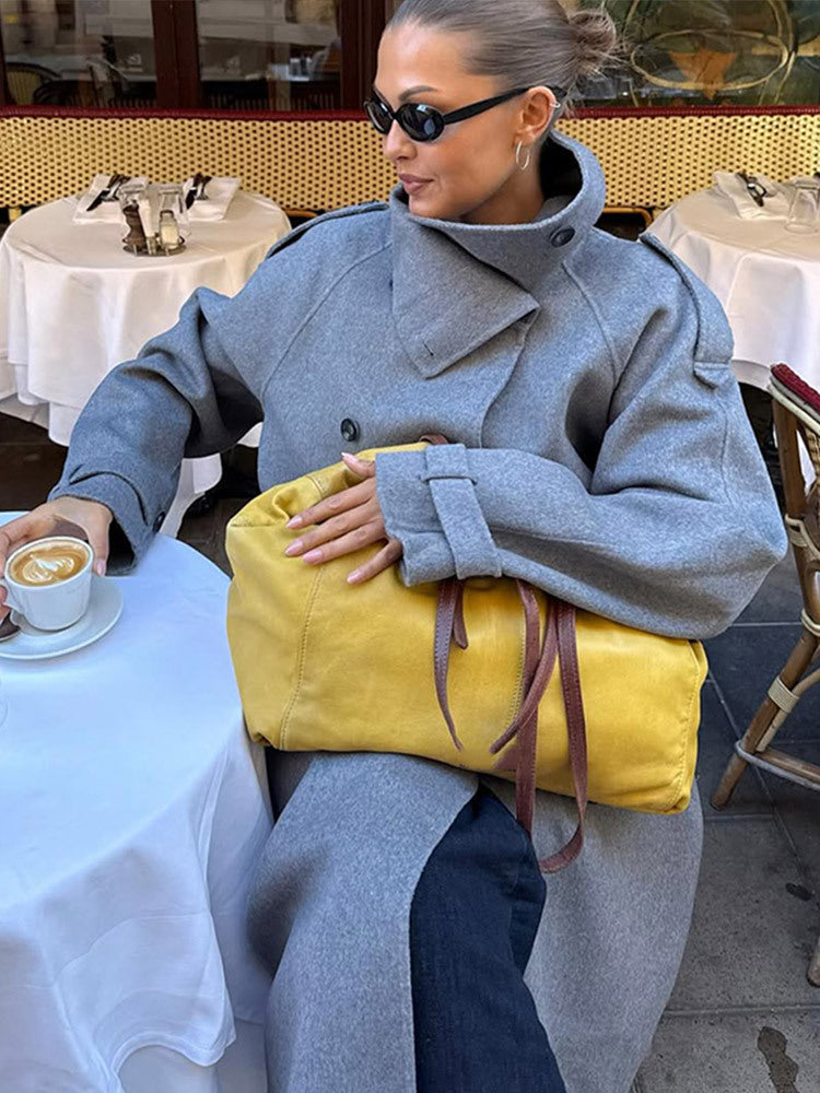 Women Oversize Coat made of Wool Blend with High Standing Collar and Asymmetrical Button Placket EVA-US