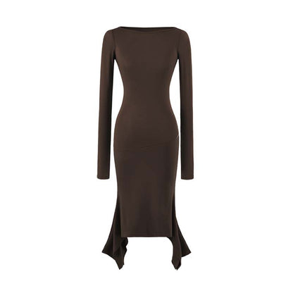 Women Figure-Hugging Midi Dress with Asymmetrical Hem and Panel Design EVA-US