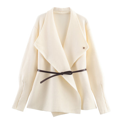 Women's Short Cut Wool Blend Cardigan Coat with Wide Shawl Collar and Narrow Tie Belt EVA-US