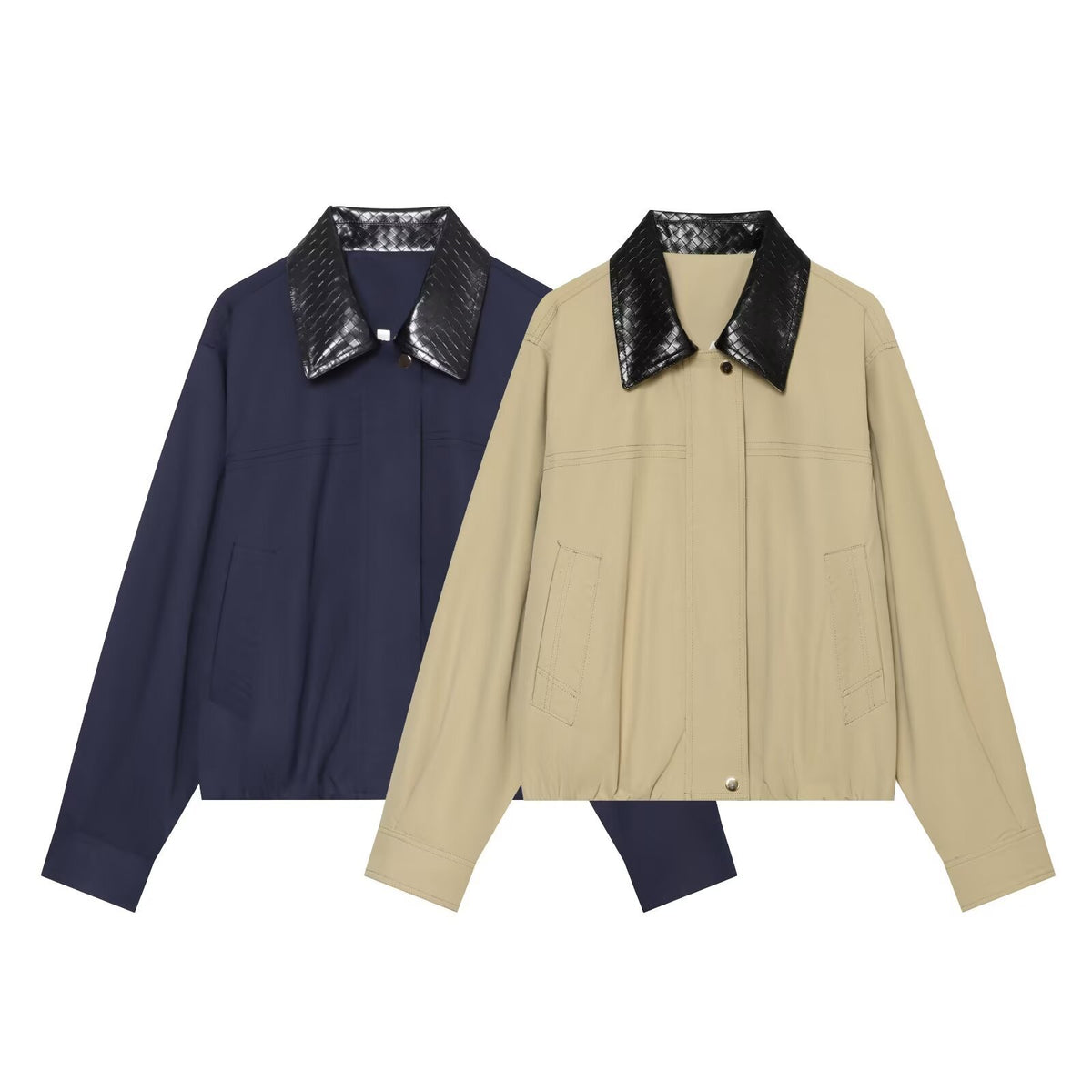 Women's short bomber-style jacket with contrasting embossed faux leather collar EVA-US