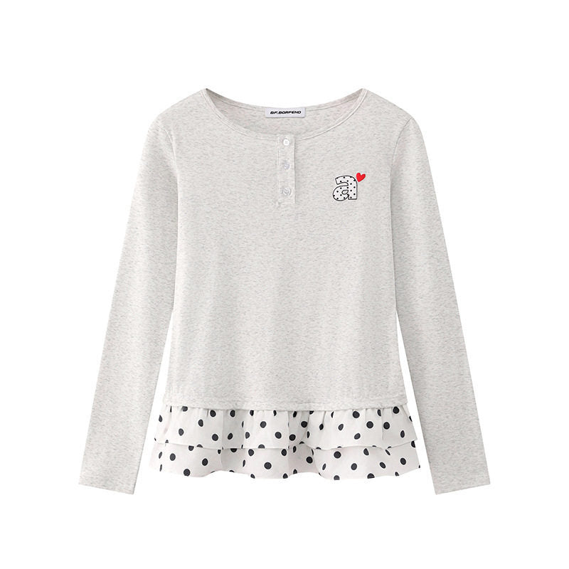 Women's Long Sleeve Henley Layering Top with Ruffle Underlay and Heart Patch EVA-US