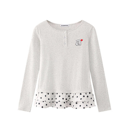 Women's Long Sleeve Henley Layering Top with Ruffle Underlay and Heart Patch EVA-US