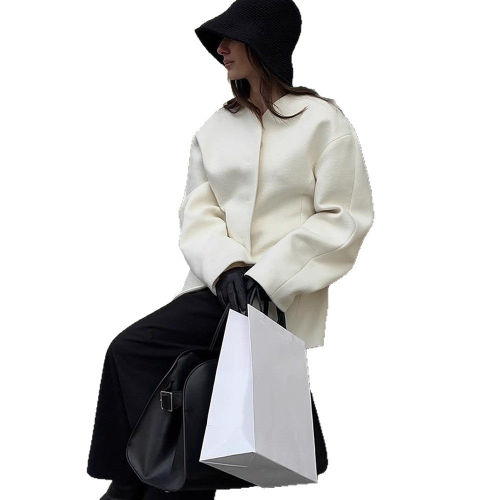 Women Tailored collarless wool blend short coat with clear silhouette EVA-US