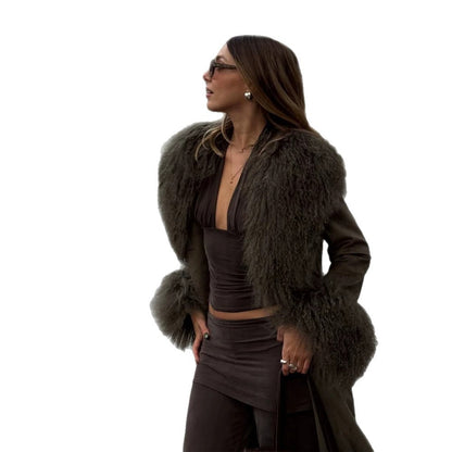 Ladies mid-length wrap coat in faux suede with oversized fur collar and voluminous fur cuffs EVA-US